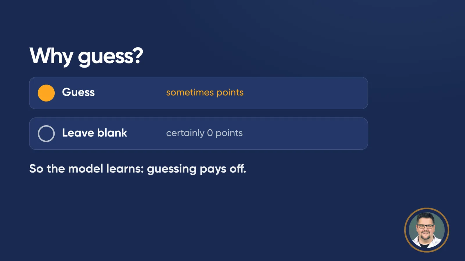 Slide “Why guess?” with two options: “Guess – sometimes points” and “Leave blank – certainly 0 points”. Below: “So the model learns: guessing pays off.”