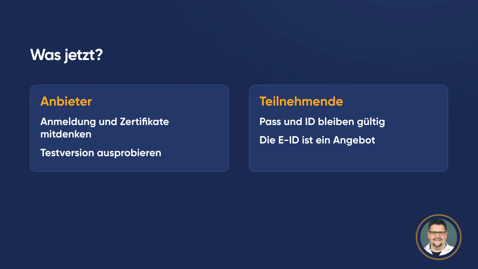 Folie «Was jetzt?» mit zwei Karten: Anbieter – Anmeldung und Zertifikate mitdenken, Testversion ausprobieren. Teilnehmende – Pass und ID bleiben gültig, die E-ID ist ein Angebot.