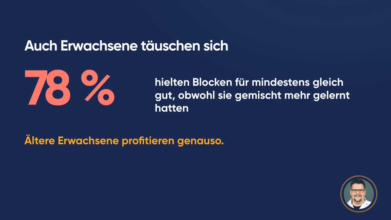 Folie «Auch Erwachsene täuschen sich»: grosse Zahl «78 %» hielten Blocken für mindestens gleich gut, obwohl sie gemischt mehr gelernt hatten. Darunter: «Ältere Erwachsene profitieren genauso.»
