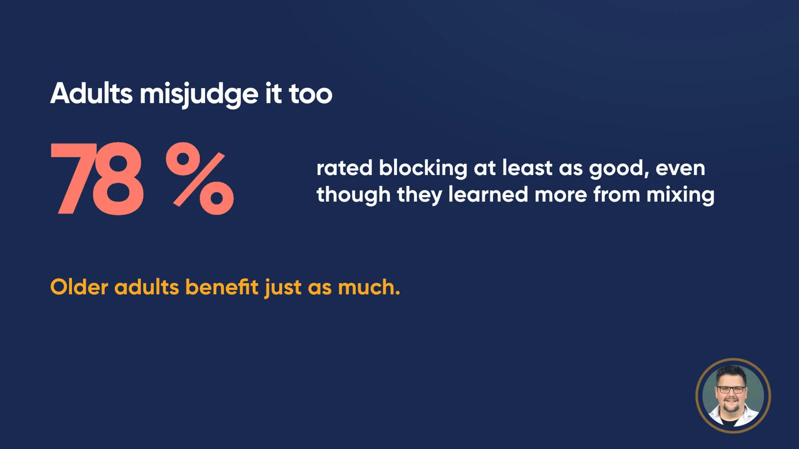 Slide “Adults misjudge it too”: large figure “78 %” rated blocking at least as good, even though they learned more from mixing. Below: “Older adults benefit just as much.”