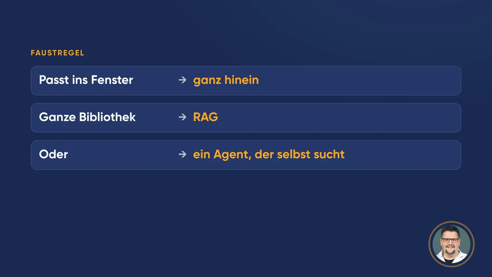 Folie «Faustregel»: «Passt ins Fenster → ganz hinein», «Ganze Bibliothek → RAG», «Oder → ein Agent, der selbst sucht».