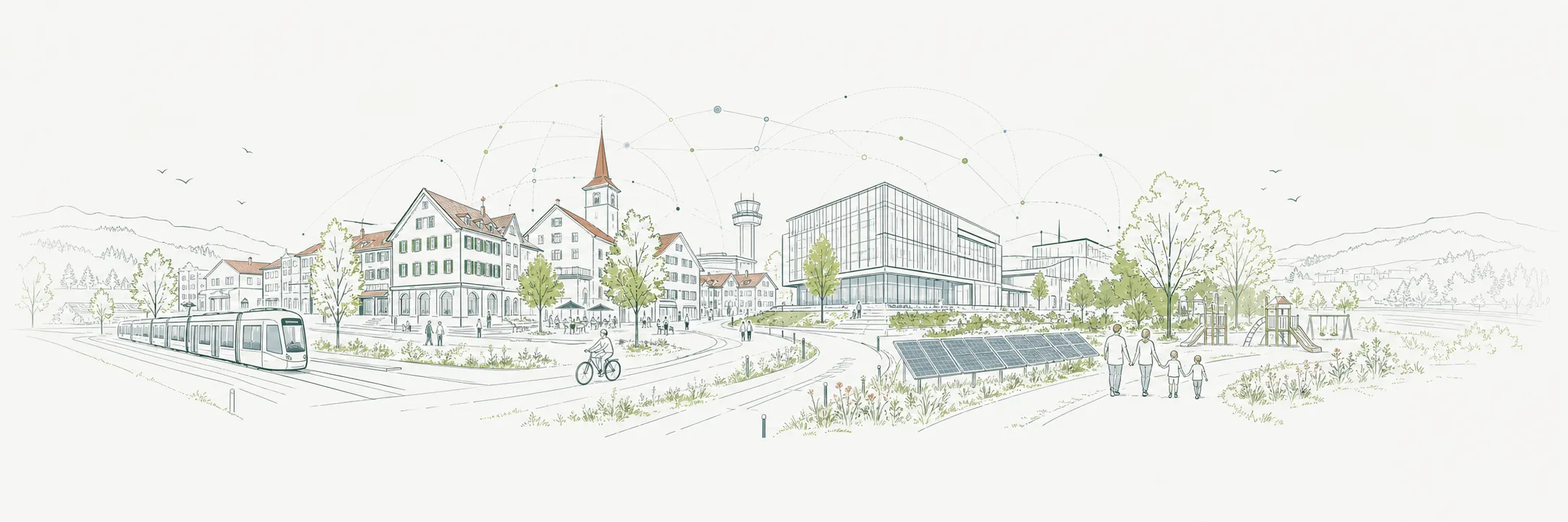 Sanft illustrierte Zukunftslandschaft mit Stadtzentrum, Innovationsgebäude, öffentlichem Verkehr, Velo, Grünraum und Familie